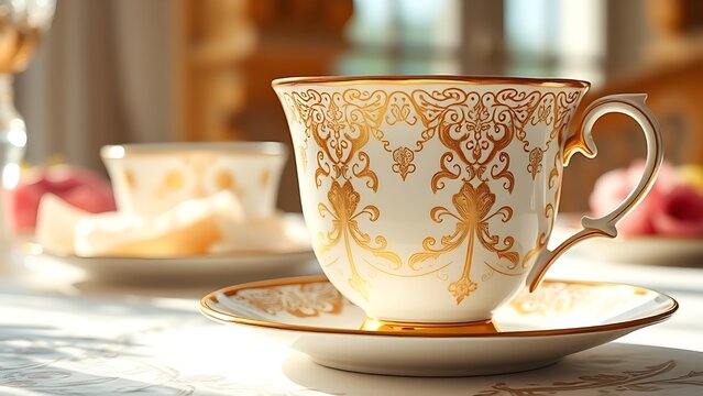 regularizing. Elegant white porcelain teacup with gold filigree patterns, soft window light highlighting delicate details. bar promotions.