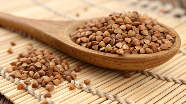 Raw Buckwheat Groats in Wooden Spoon on Bamboo Mat