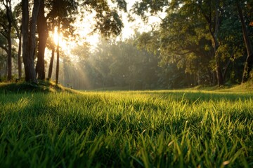 Sunlight streams through trees onto a green field of grass at dawn. Perfect for nature, spring, summer, or peaceful outdoor backgrounds.