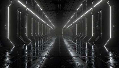 Futuristic corridor illuminated by neon lights for sci-fi or technology themes