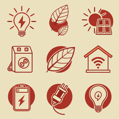 Collection of nine stylized red icons representing renewable energy, sustainability, electricity, and smart home technology concepts