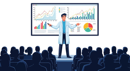 Obraz premium Expert medical professional or scientist presenting complex research data and analytical graphs to an engaged professional audience at a modern conference or seminar