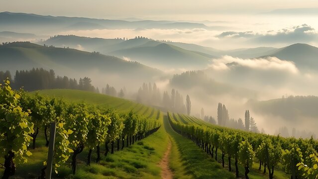passphrase. Nebbiolo grape vineyard on Piedmont hillside with morning fog and rolling hills. travel magazines, destination branding, designed for outdoor magazines and nature guides.