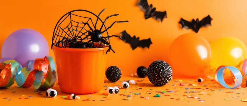 The Orange Bucket with Spider and Halloween Decorations on Bright Orange Background