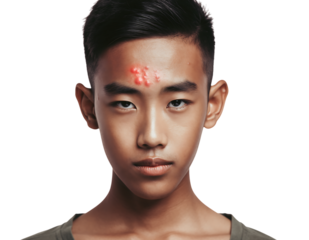 Close up portrait of young asian boy with red inflamed pimple on forehead isolated on transparent background