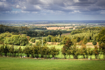 Rural landscape seen from viewing tower on the top of Dylewska Mountain in Landscape Park of Dylewo Hills in Poland