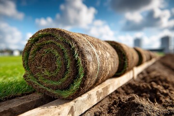 Rolled turf grass sits on wood planks, ready to be unrolled on fresh soil. Illustrates landscaping, lawn care, and new construction projects.