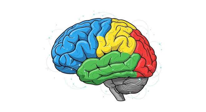 Anatomical illustration of the human brain, color-coded to represent different lobes, symbolizing cognitive functions and neural pathways in a visually engaging and informative manner