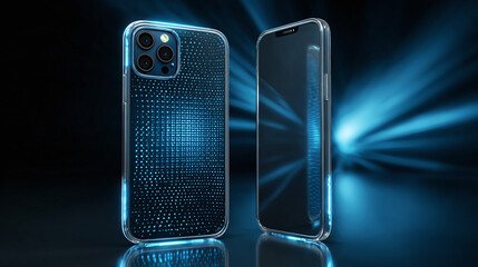 Two mobile phones with protective cases showcasing a sleek, futuristic design with a glowing blue effect. One phone is oriented toward the front, with the other positioned to the side.