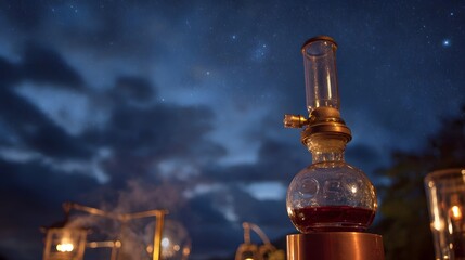 Glass distillation apparatus with red liquid under a starry night sky