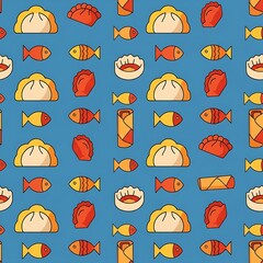 Seamless pattern of cartoon Asian food with dumplings, spring rolls, and fish on a blue background.