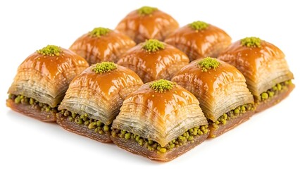 Layered baklava pastries with pistachios and golden syrup topping pastry dessert