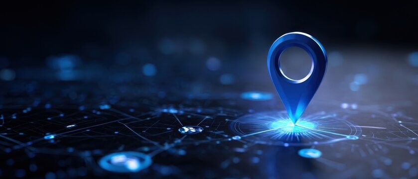 The Blue Location Pin Illuminating a Futuristic Digital Network Map for Geolocation