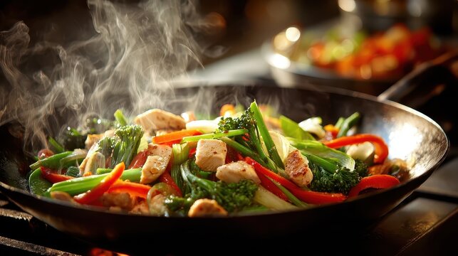Stir fry with chicken, broccoli, carrots, and peppers in a wok. Use this vibrant image for health food and cooking related content.