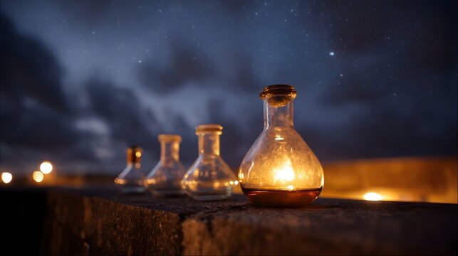 Collection of glass flasks containing amber liquid glowing from within set on a stone ledge under a vast starry night sky