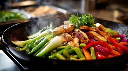 Stir-fried chicken and vegetables in a dark wok with steam rising. Perfect for food blogs or healthy cooking recipes and meal planning.