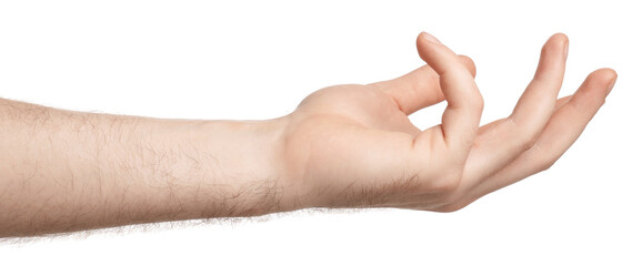 Man holding something on white background, closeup
