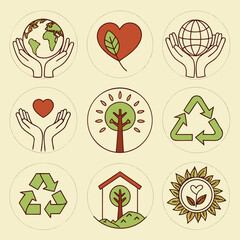 Set of nine hand drawn icons of save the world representing environmental protection, perfect for any design needs