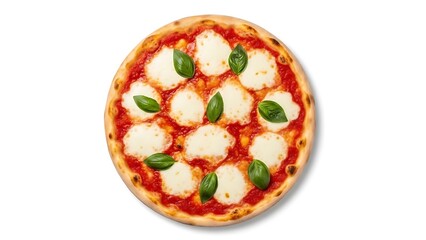 Margherita pizza with fresh basil leaves and melted mozzarella cheese on white background