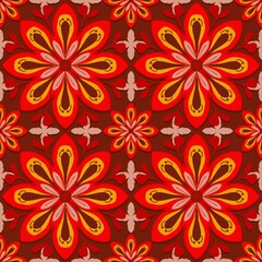 seamless floral background,red,yellow curves ,painted create to flowershape, leaves, brown background in geometric patterns as sarong,fabric,tile,printed fabric,batik,tablecloth patterns.