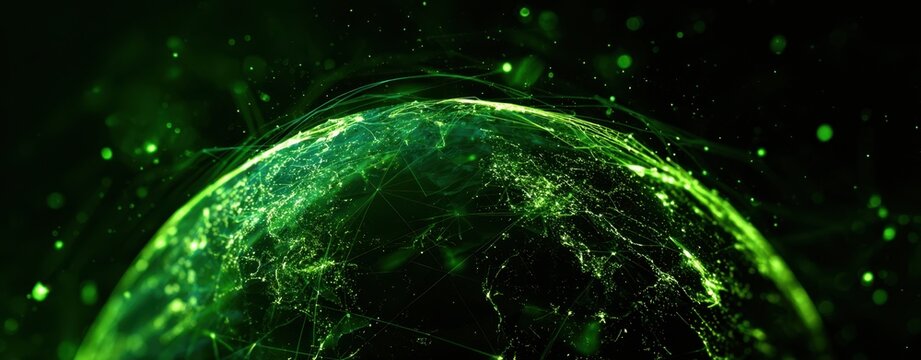 The Earth Illuminated by Neon Green Digital Network Lights and Futuristic Connections
