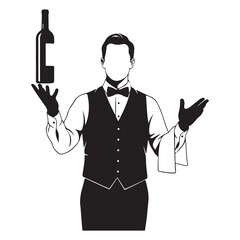 Professional waiter in formal attire serenely balancing a wine bottle on his hand with a towel