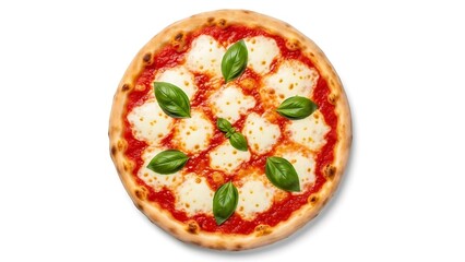 Overhead view of a Margherita pizza with fresh basil leaves and melted mozzarella cheese