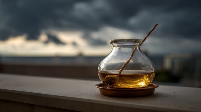 A golden liquid in a glass jar with a dipper sits on a ledge against a dramatic stormy sky at twilight