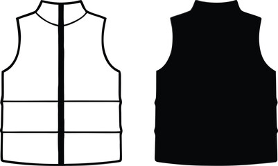 sleeveless padded puffer vest front and back view, winter outerwear fashion line art silhouette vector illustration © Silhouette Vector