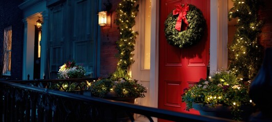 The Red Door Adorned with Wreath and Twinkling Lights on Cozy Urban Townhouse