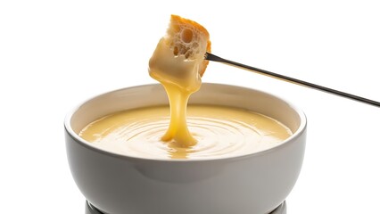 Piece of bread dipped in melted cheese fondue on a fork over a white bowl dipping bread