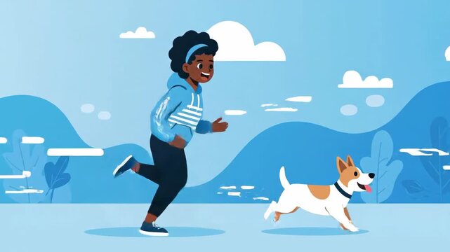 Joyful Running Sequence of Woman and Dog in a Vibrant Animated Landscape