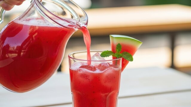 Refreshing watermelon juice being poured into a glass with ice