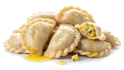 Pile of cooked dumplings with visible potato filling drizzled with yellow sauce pierogi