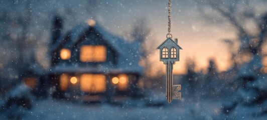 The House Key Hanging in Front of a Snowy Cozy Home at Dusk