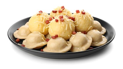 Plate of dumplings and potato balls topped with cheese and bacon food