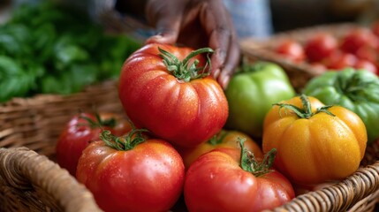 Farmer Selecting Vibrant Heirloom Tomatoes at Market for Fresh Organic Produce