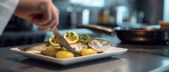 The fish plated with lemon and potatoes being arranged by a chef