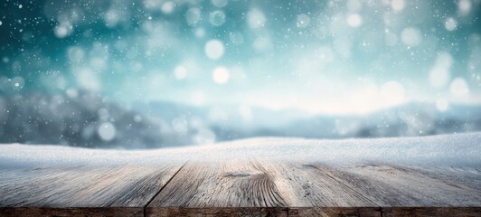 The Wooden Table in a Frosty Snowfall with Sparkling Bokeh Winter Background