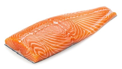 Raw salmon fillet with bright orange flesh and white fat marbling on white background