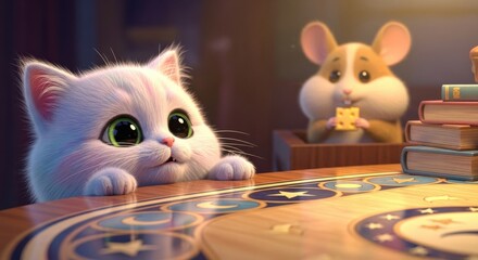 Cute kitten and hamster sharing a snack