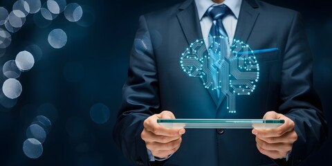 Business professional holding tablet with glowing digital AI brain hologram representing innovation, data intelligence, futuristic technology and advanced smart solutions