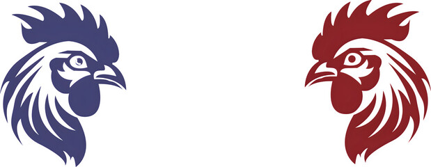 Two stylized rooster heads facing each other, one blue and one red, symbolizing rivalry or contrast.