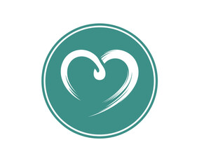 A teal circle contains a stylized white heart symbol created with brushstroke-like lines.