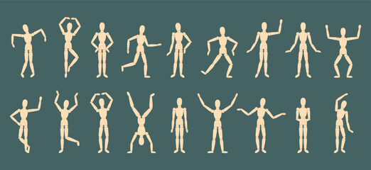 Light wood textured mannequins. Mannequin in various poses, template for painter, sketcher for art work and drawing. Designer tools vector clipart