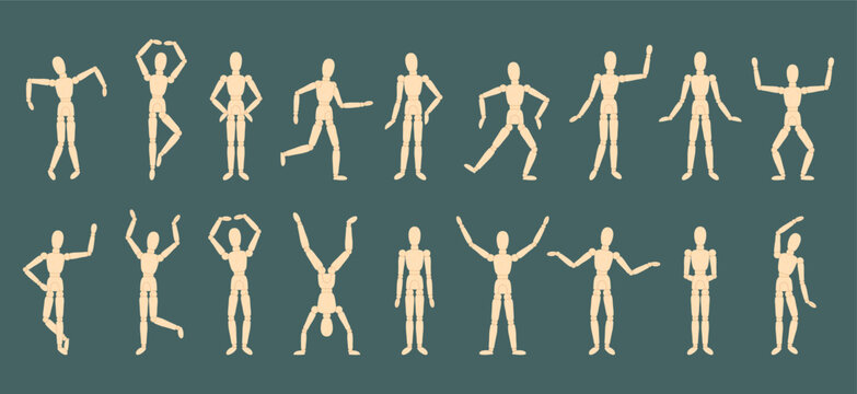 Light wood textured mannequins. Mannequin in various poses, template for painter, sketcher for art work and drawing. Designer tools vector clipart