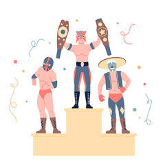 Obraz premium Wrestler champion. Winner of fighting battle on stand holding belts. Fighters champions, athletes on award podium together, recent vector scene