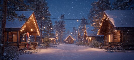 The Log Cabins Adorned with Twinkling Lights in a Snowy Winter Evening