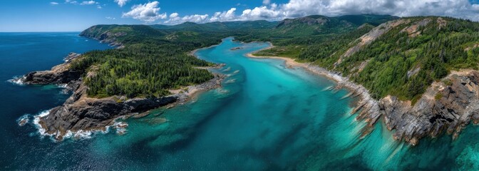 aerial view of the beautiful tropical islands of rameforma in monhegan, maine. lush greenery and turquoise waters with cloud shading.