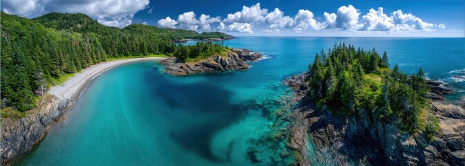 aerial view of the beautiful tropical islands of rameforma in monhegan, maine. lush greenery and turquoise waters with cloud shading.